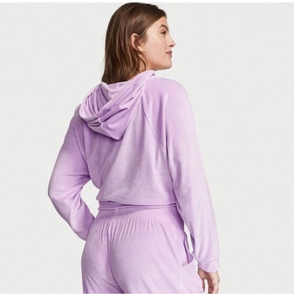 Victoria's Secret Soft Lounge Hoodie Velour Ribbed Pullover Velvet Purple Size L - Picture 3 of 9